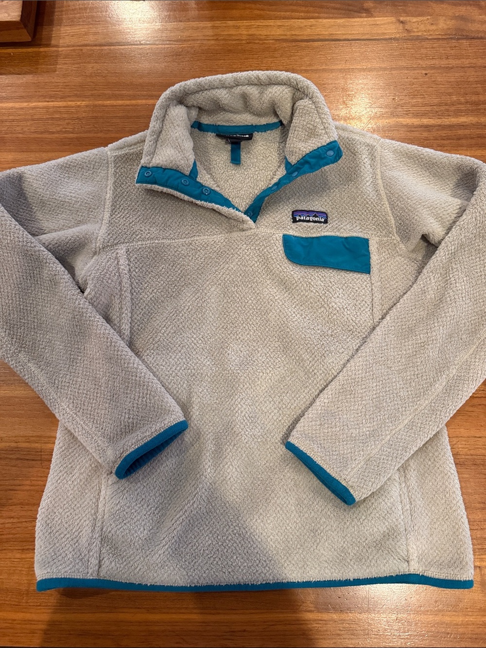Patagonia Re-Tool Snap-T Fleece Pullover Women’s M Oatmeal Tan Teal Cozy Outdoor
